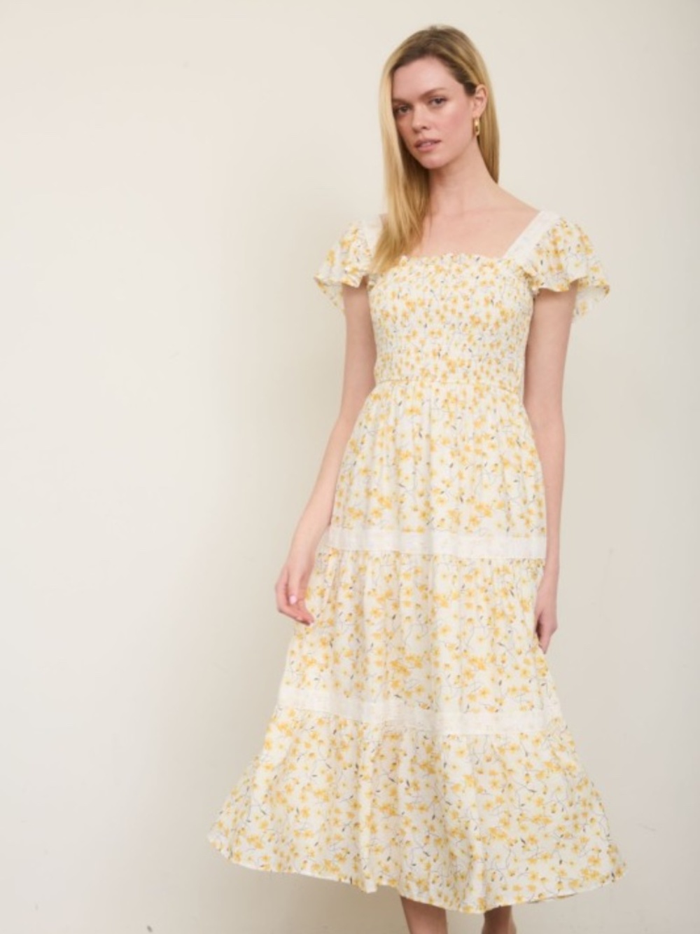 Floral Lace Trim Smocked Tiered Midi Dress